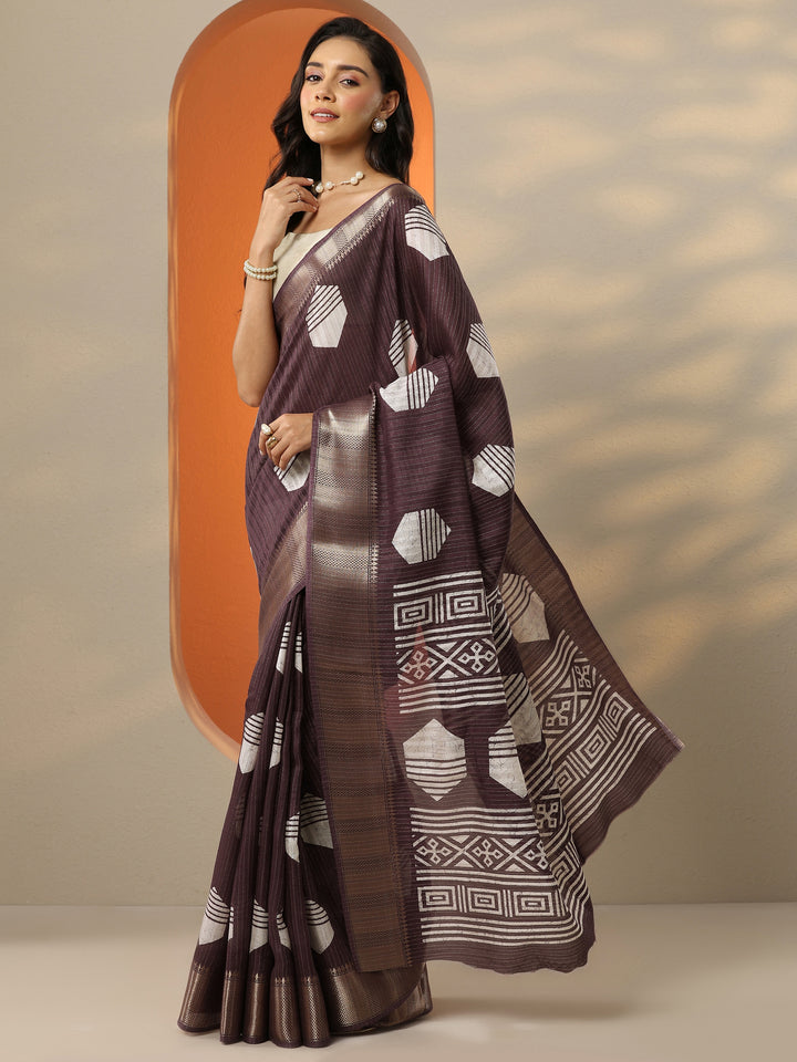 Brown Printed Silk Blend Saree With Unstitched Blouse Picece