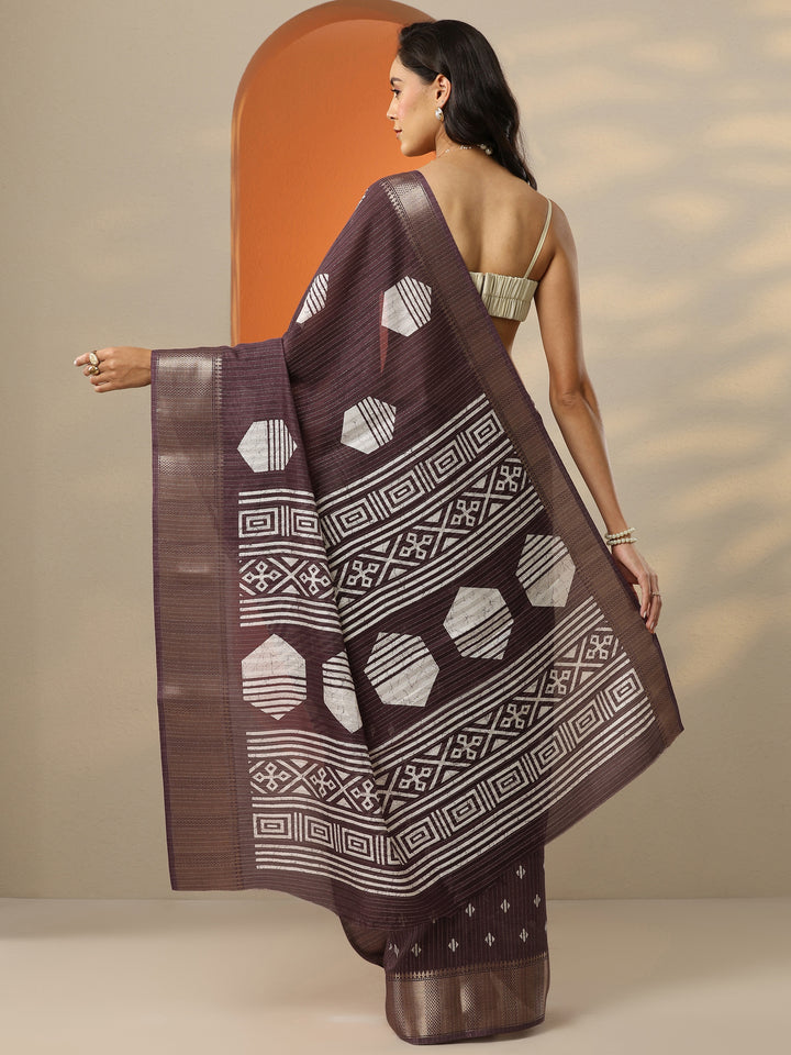 Brown Printed Silk Blend Saree With Unstitched Blouse Picece