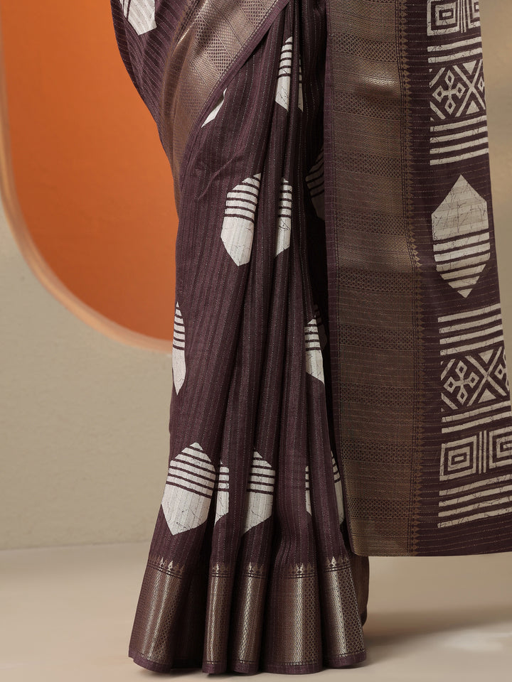 Brown Printed Silk Blend Saree With Unstitched Blouse Picece