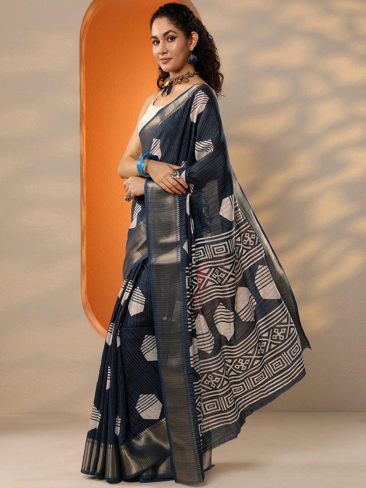 Navy Blue Printed Silk Blend Saree With Unstitched Blouse Piece
