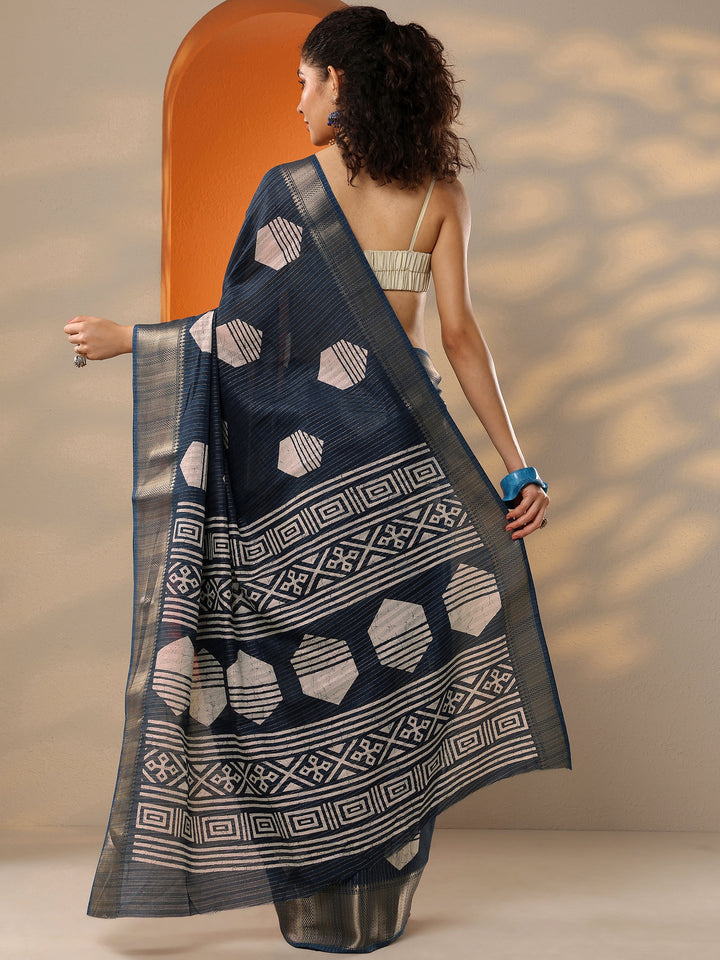 Navy Blue Printed Silk Blend Saree With Unstitched Blouse Piece