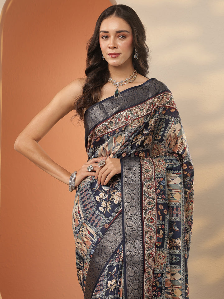 Navy Blue Printed Silk Blend Saree With Unstitched Blouse Piece