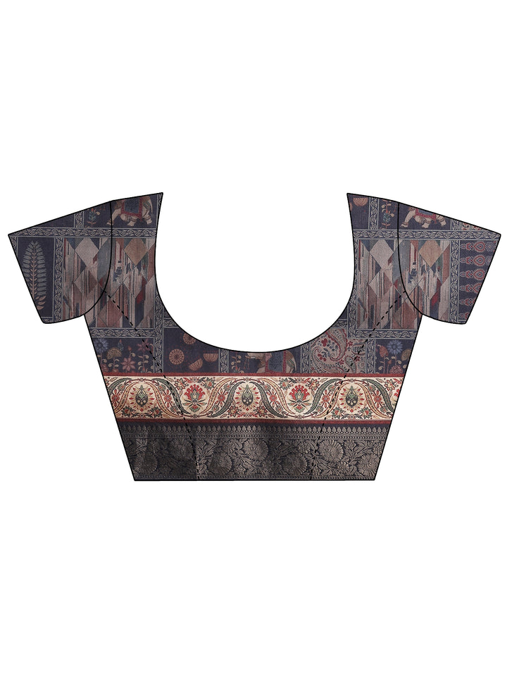 Navy Blue Printed Silk Blend Saree With Unstitched Blouse Piece