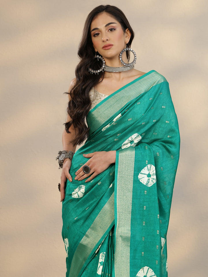 Green Printed Silk Blend Saree With Unstitched Blouse Piece