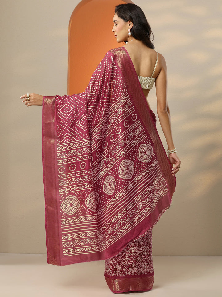 Magenta Printed Silk Blend Saree With Unstitched Blouse Piece