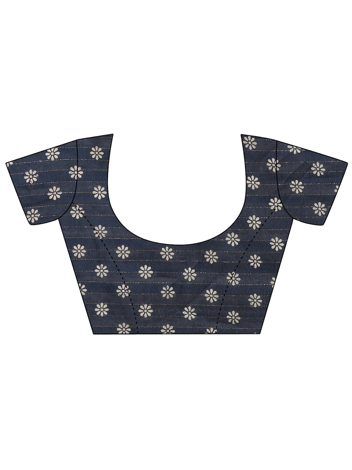 Navy Blue Printed Silk Blend Saree With Unstitched Blouse Piece