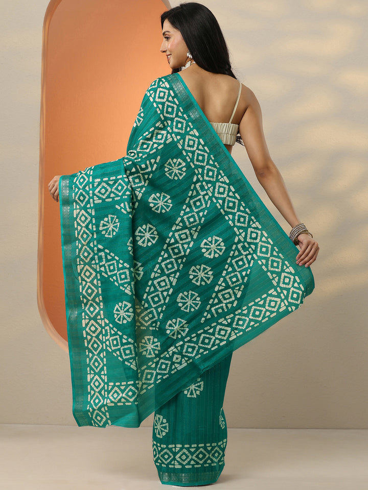 Green Printed Silk Blend Saree With Unstitched Blouse Piece