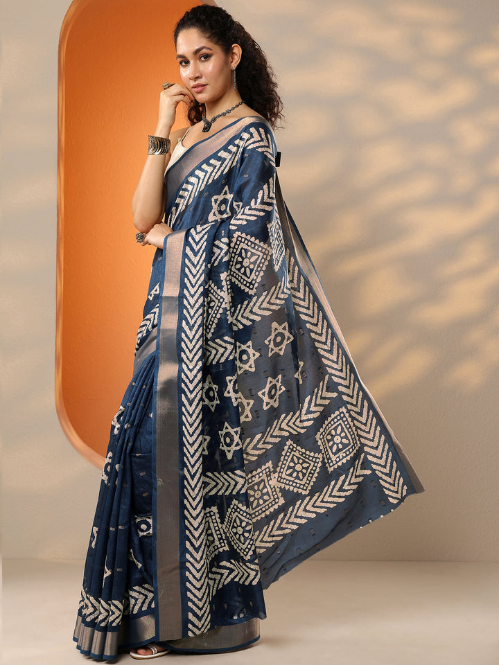 Navy Blue Printed Silk Blend Saree With Unstitched Blouse Piece
