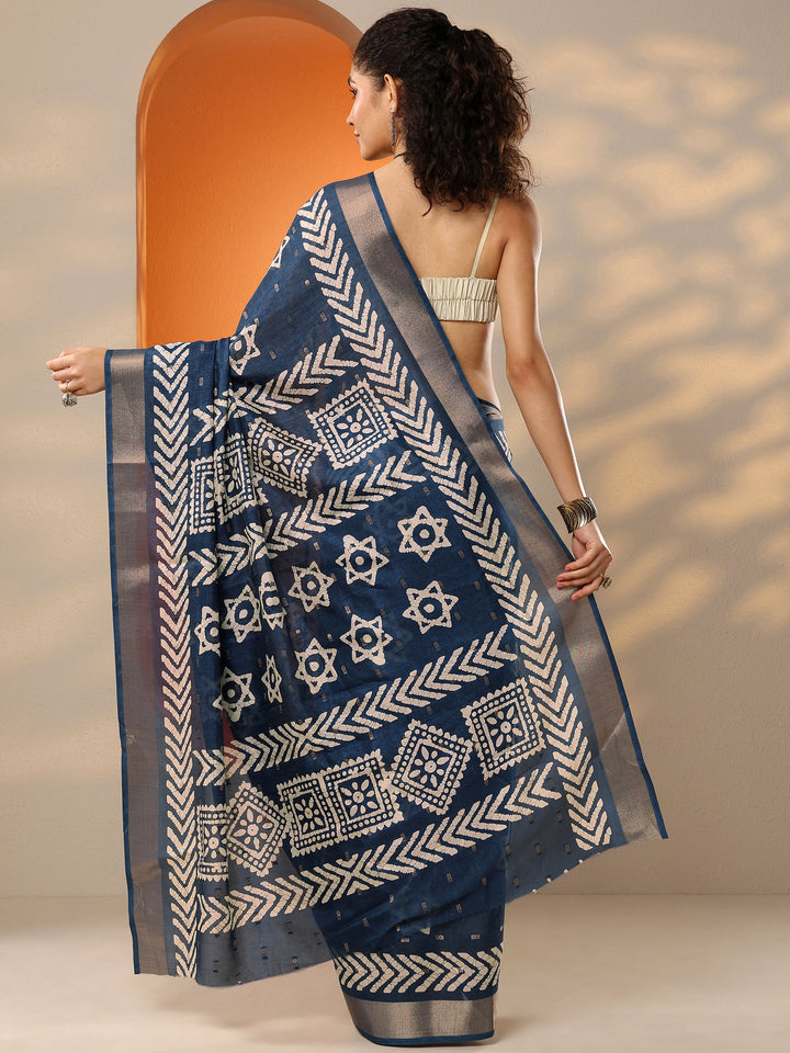 Navy Blue Printed Silk Blend Saree With Unstitched Blouse Piece