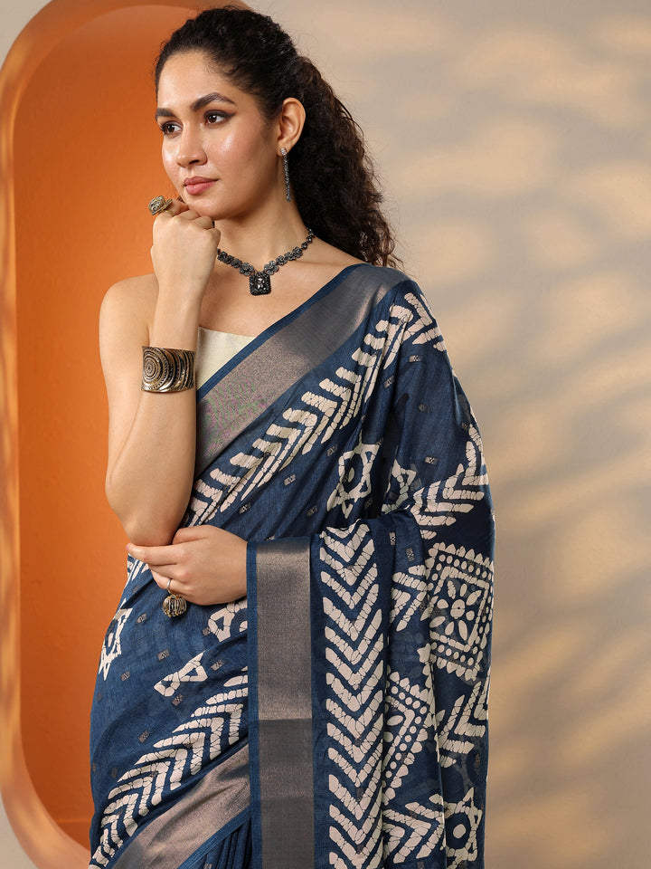 Navy Blue Printed Silk Blend Saree With Unstitched Blouse Piece