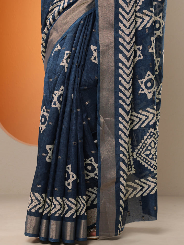 Navy Blue Printed Silk Blend Saree With Unstitched Blouse Piece