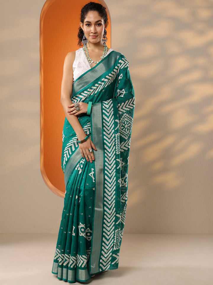 Green Printed Silk Blend Saree With Unstitched Blouse Picece