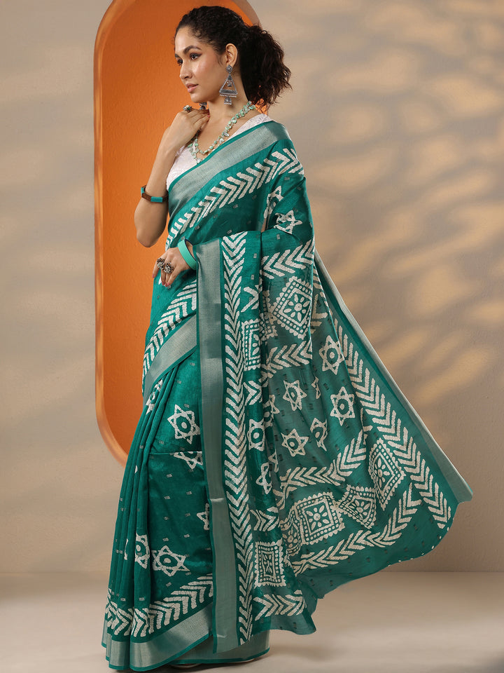 Green Printed Silk Blend Saree With Unstitched Blouse Picece
