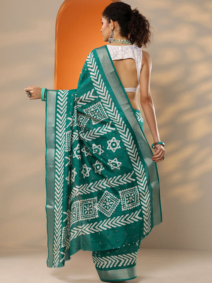 Green Printed Silk Blend Saree With Unstitched Blouse Picece