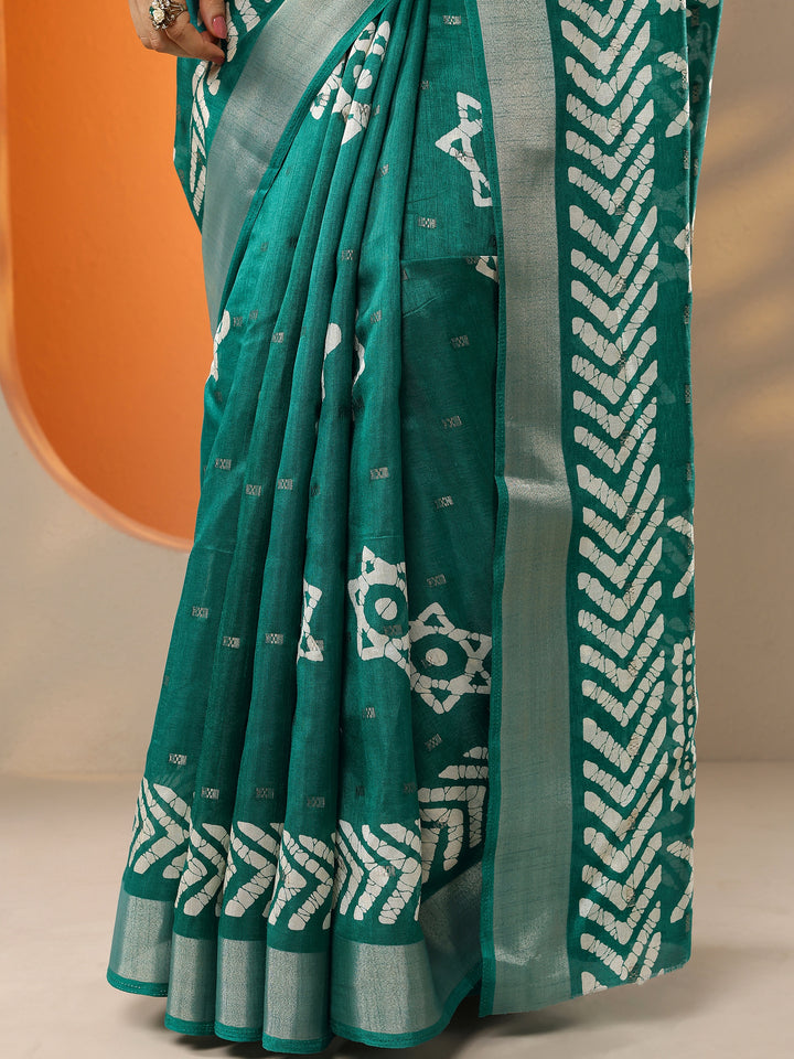 Green Printed Silk Blend Saree With Unstitched Blouse Picece