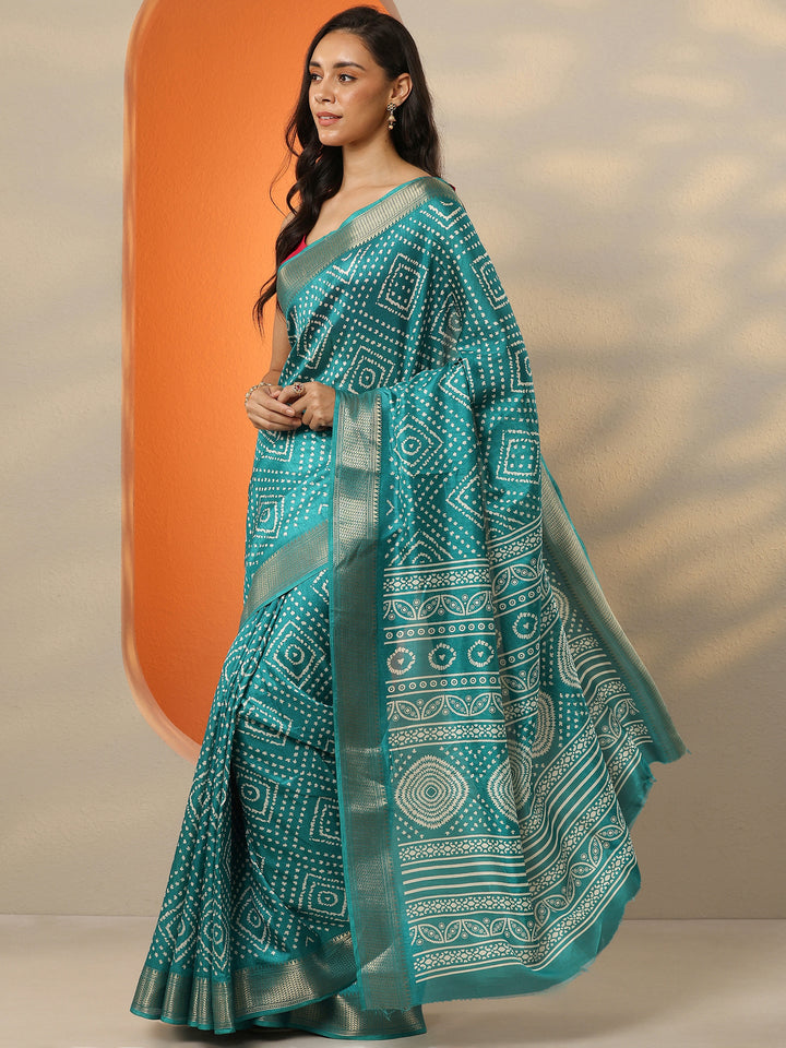 Green Printed Silk Blend Saree With Unstitched Blouse Piece