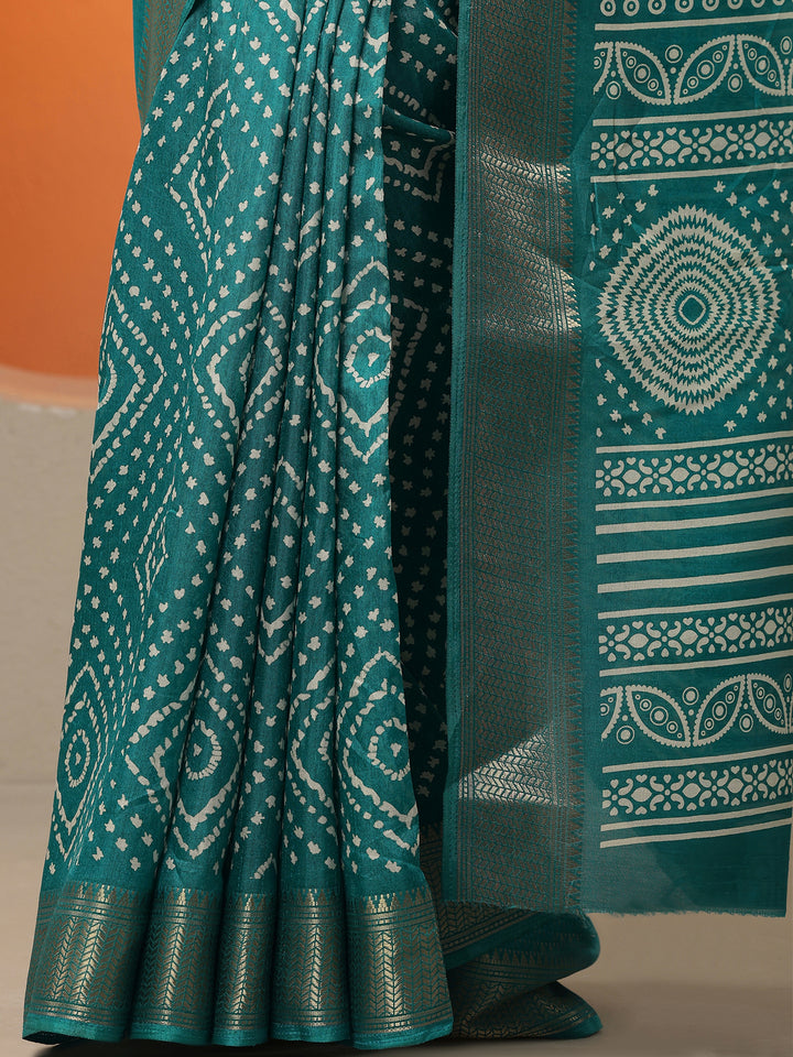 Green Printed Silk Blend Saree With Unstitched Blouse Piece