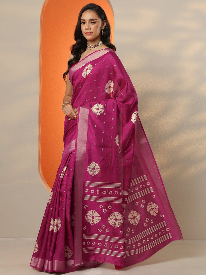 Magenta Printed Silk Blend Saree With Unstitched Blouse Piece