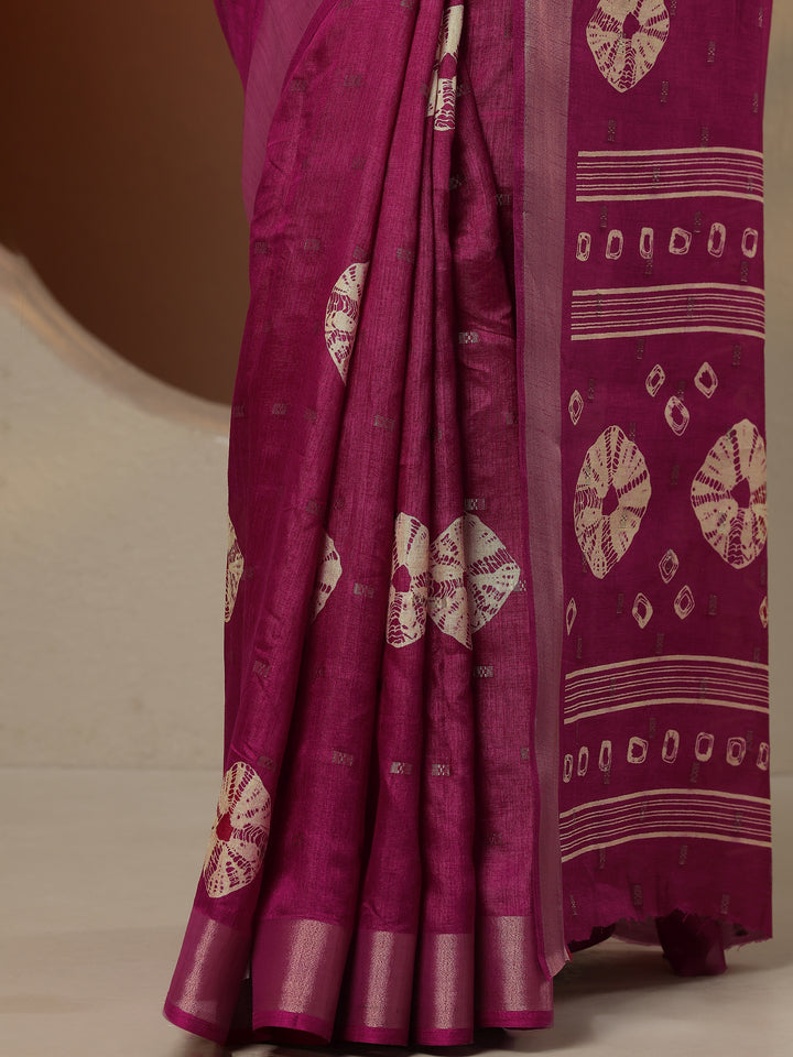 Magenta Printed Silk Blend Saree With Unstitched Blouse Piece