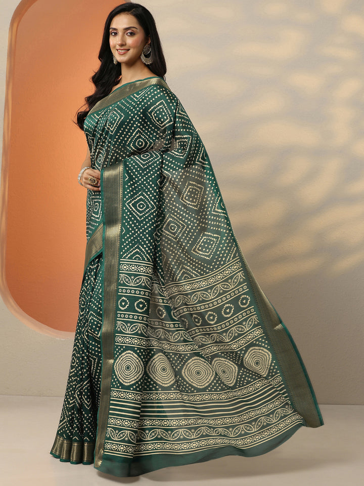 Green Printed Silk Blend Saree With Unstitched Blouse Piece