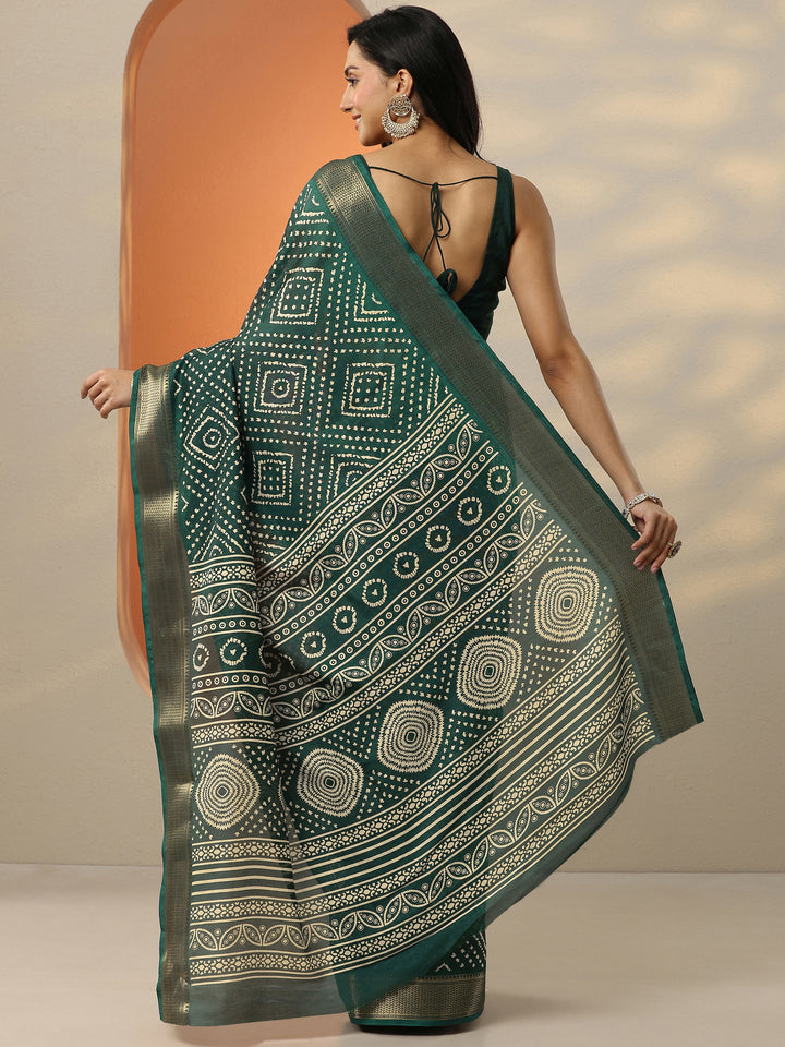 Green Printed Silk Blend Saree With Unstitched Blouse Piece