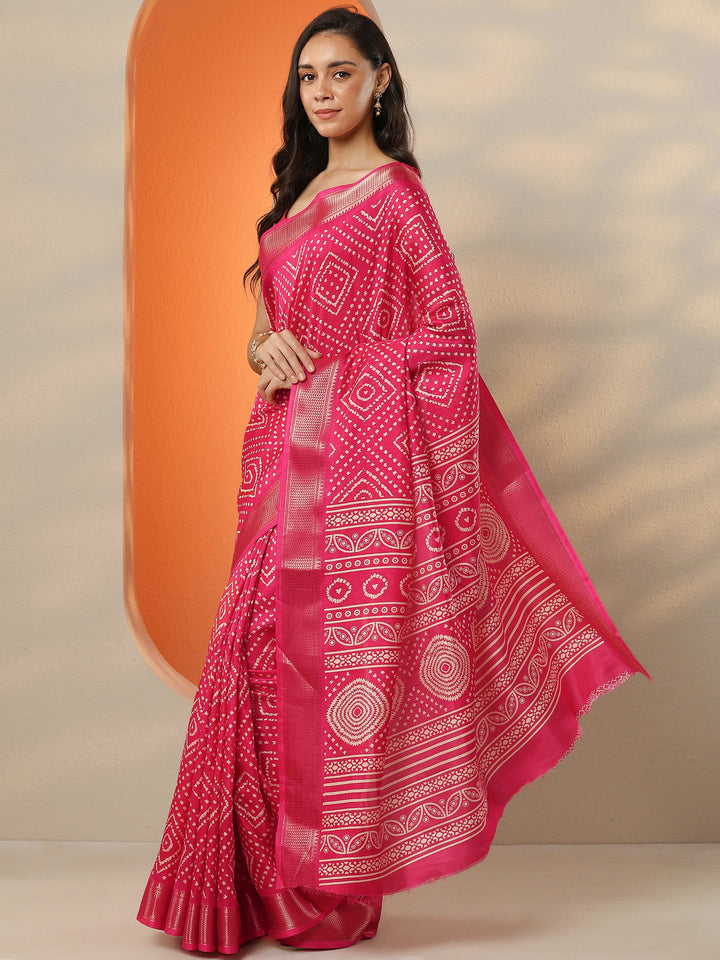 Pink Printed Silk Blend Saree With Unstitched Blouse Piece