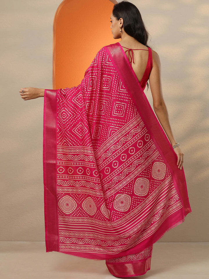 Pink Printed Silk Blend Saree With Unstitched Blouse Piece