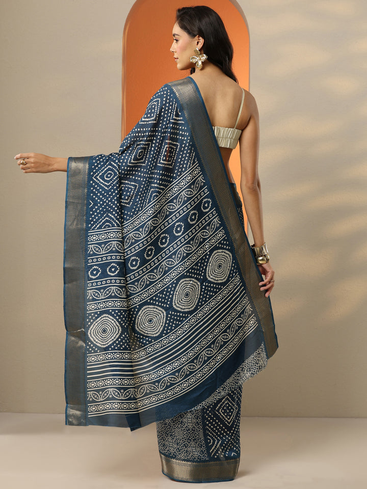 Navy Blue Printed Silk Blend Saree With Unstitched Blouse Picece