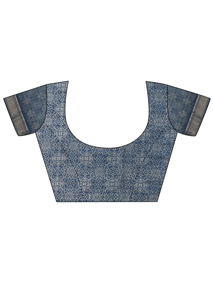 Navy Blue Printed Silk Blend Saree With Unstitched Blouse Picece