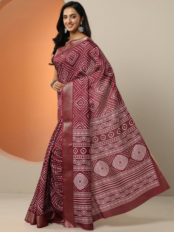 Brown Printed Silk Blend Saree With Unstitched Blouse Piece