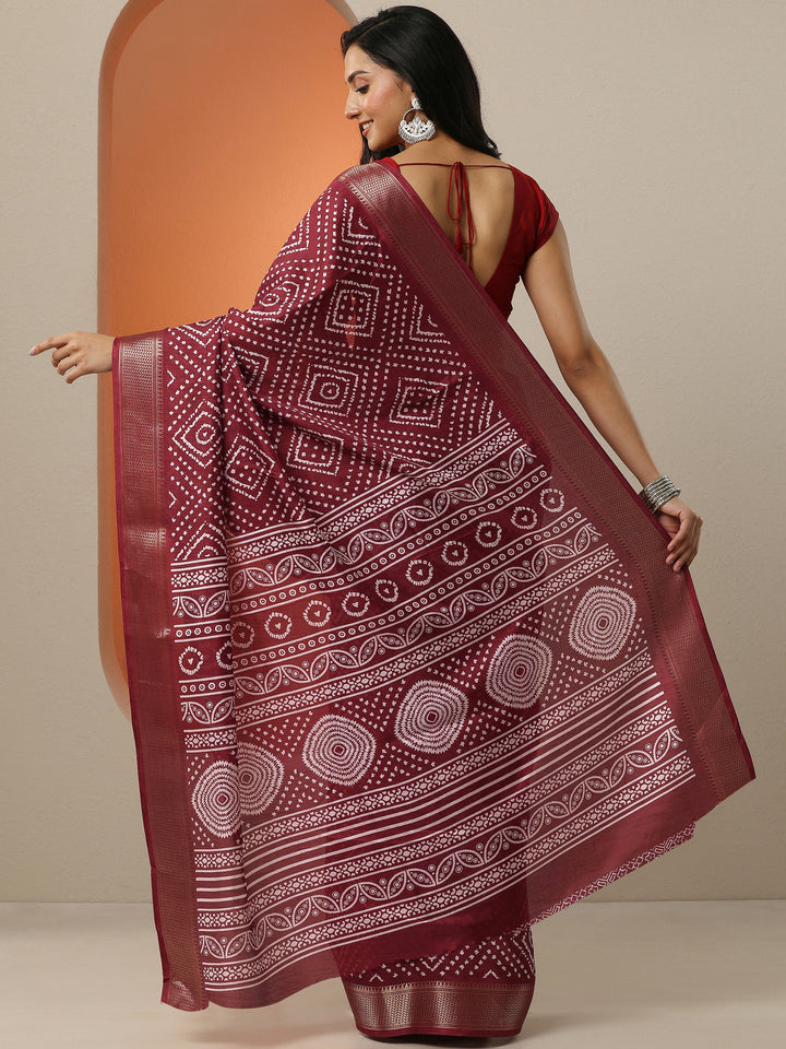 Brown Printed Silk Blend Saree With Unstitched Blouse Piece