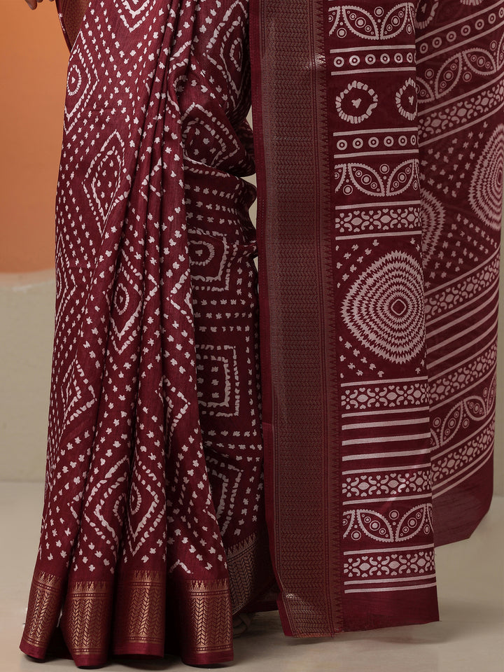 Brown Printed Silk Blend Saree With Unstitched Blouse Piece