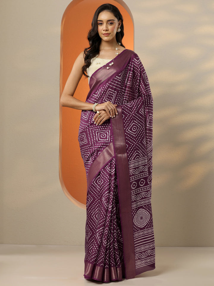 Burgundy Printed Silk Blend Saree With Unstitched Blouse Picece