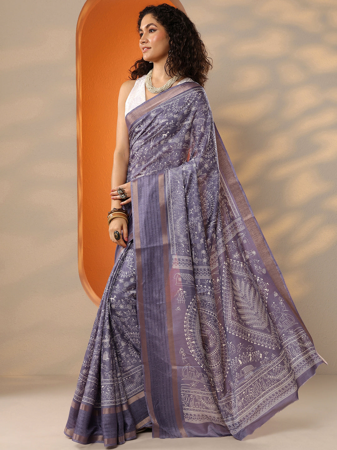 Lavender Printed Silk Blend Saree With Unstitched Blouse Picece