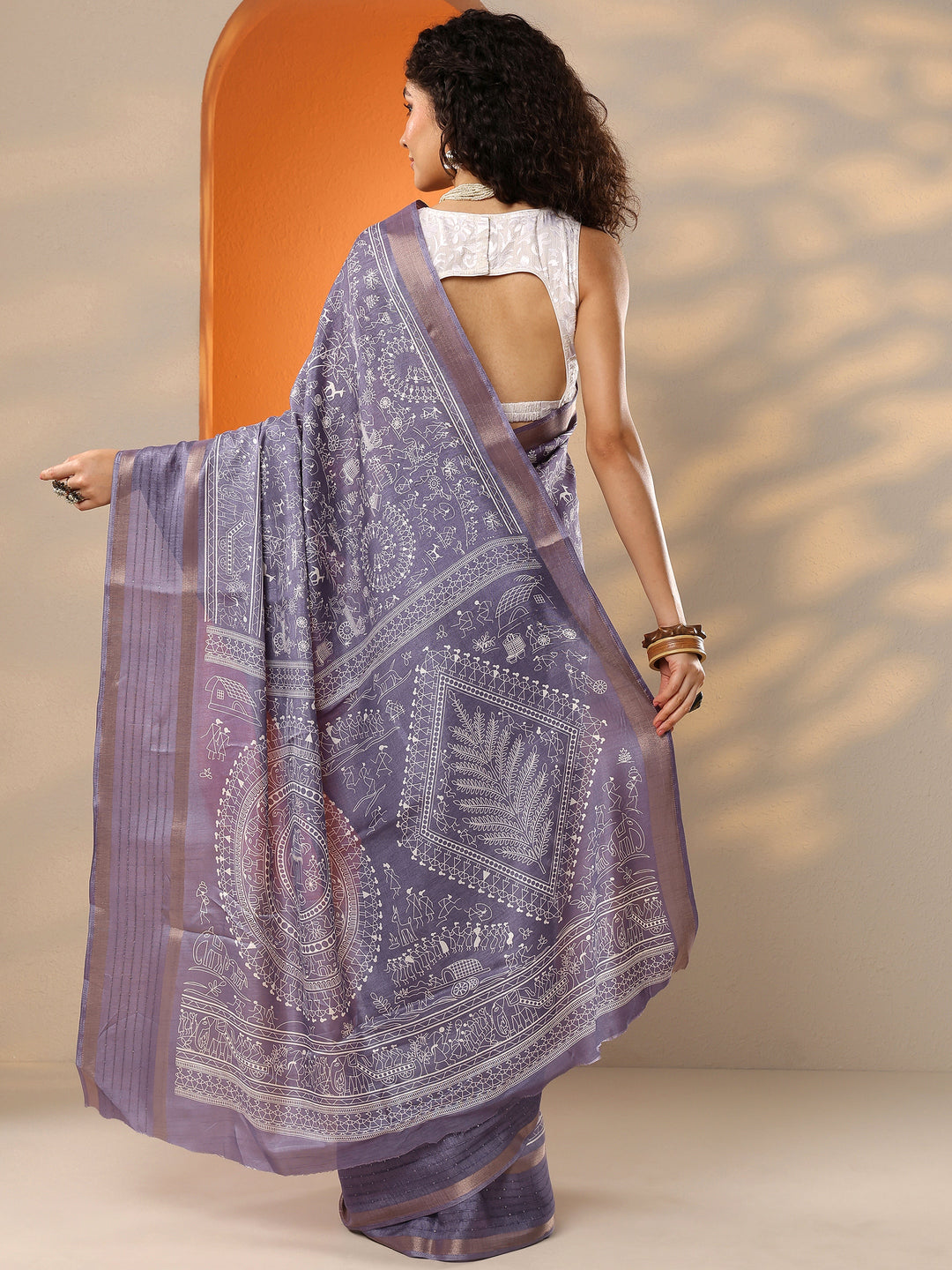Lavender Printed Silk Blend Saree With Unstitched Blouse Picece