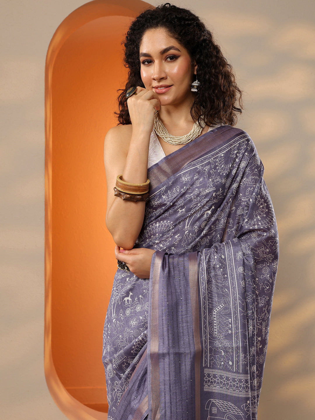 Lavender Printed Silk Blend Saree With Unstitched Blouse Picece