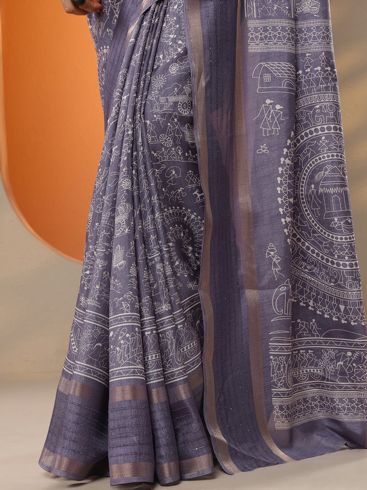 Lavender Printed Silk Blend Saree With Unstitched Blouse Picece
