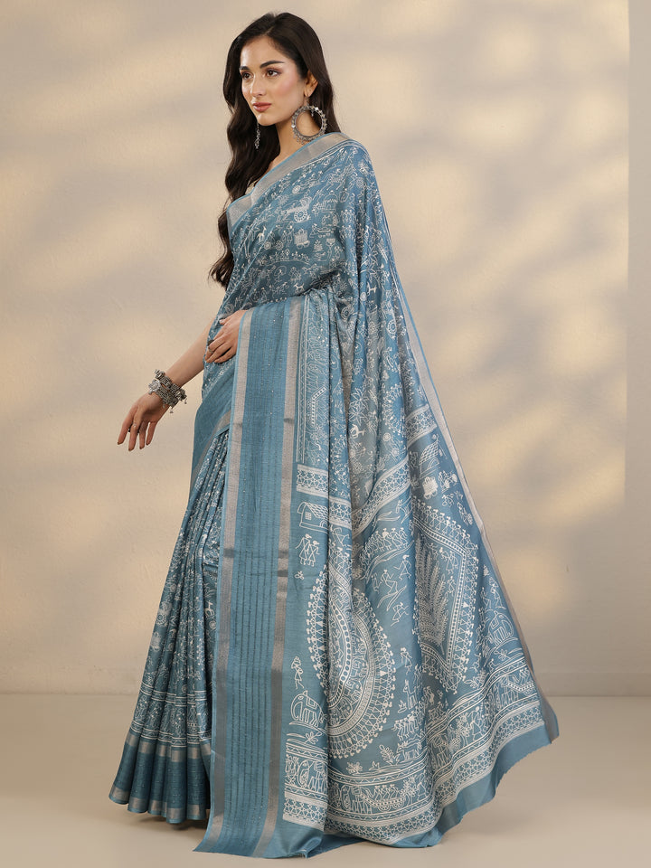 Blue Tribal Printed Silk Blend Saree With Unstitched Blouse Piece