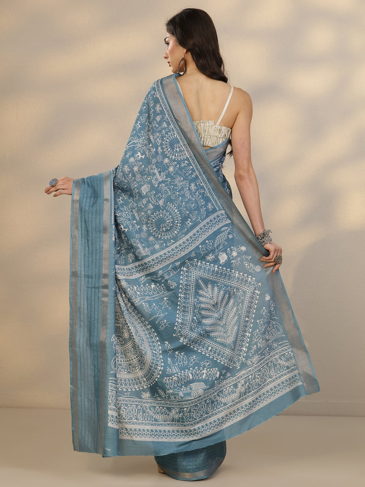 Blue Tribal Printed Silk Blend Saree With Unstitched Blouse Piece