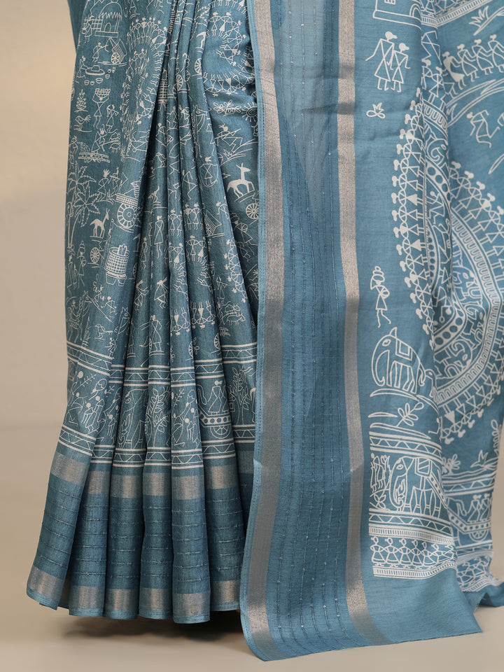 Blue Tribal Printed Silk Blend Saree With Unstitched Blouse Piece