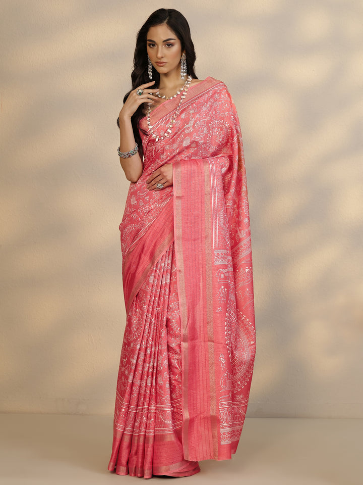 Coral Tribal Printed Silk Blend Saree With Unstitched Blouse Piece