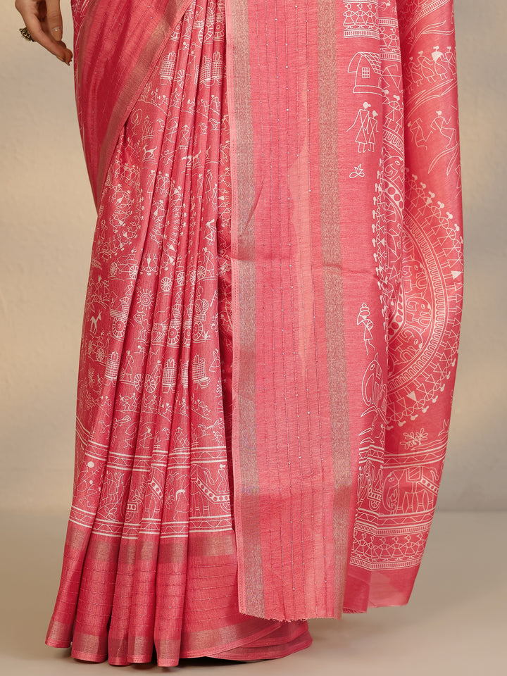 Coral Tribal Printed Silk Blend Saree With Unstitched Blouse Piece