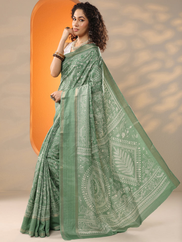 Green Printed Silk Blend Saree With Unstitched Blouse Picece