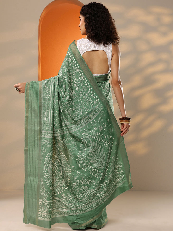 Green Printed Silk Blend Saree With Unstitched Blouse Picece