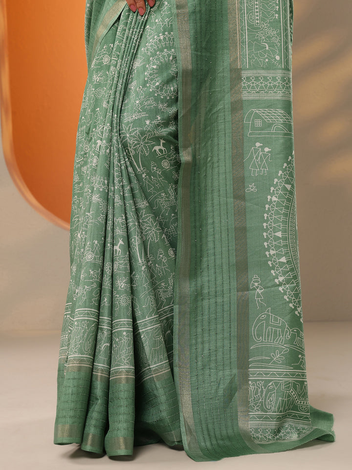 Green Printed Silk Blend Saree With Unstitched Blouse Picece