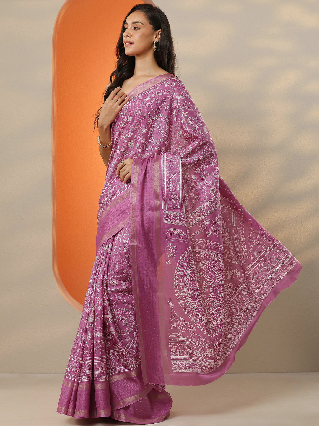 Pink Printed Silk Blend Saree With Unstitched Blouse Piece