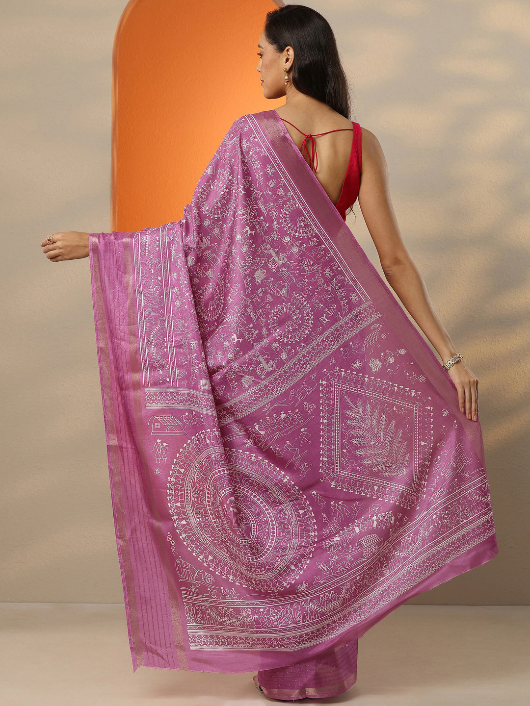 Pink Printed Silk Blend Saree With Unstitched Blouse Piece