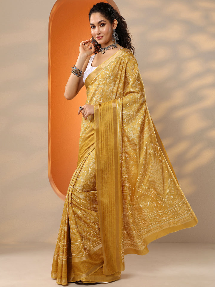 Mustard Printed Silk Blend Saree With Unstitched Blouse Piece