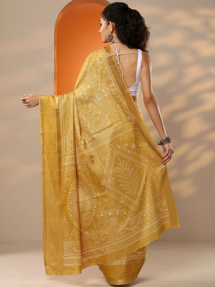 Mustard Printed Silk Blend Saree With Unstitched Blouse Piece
