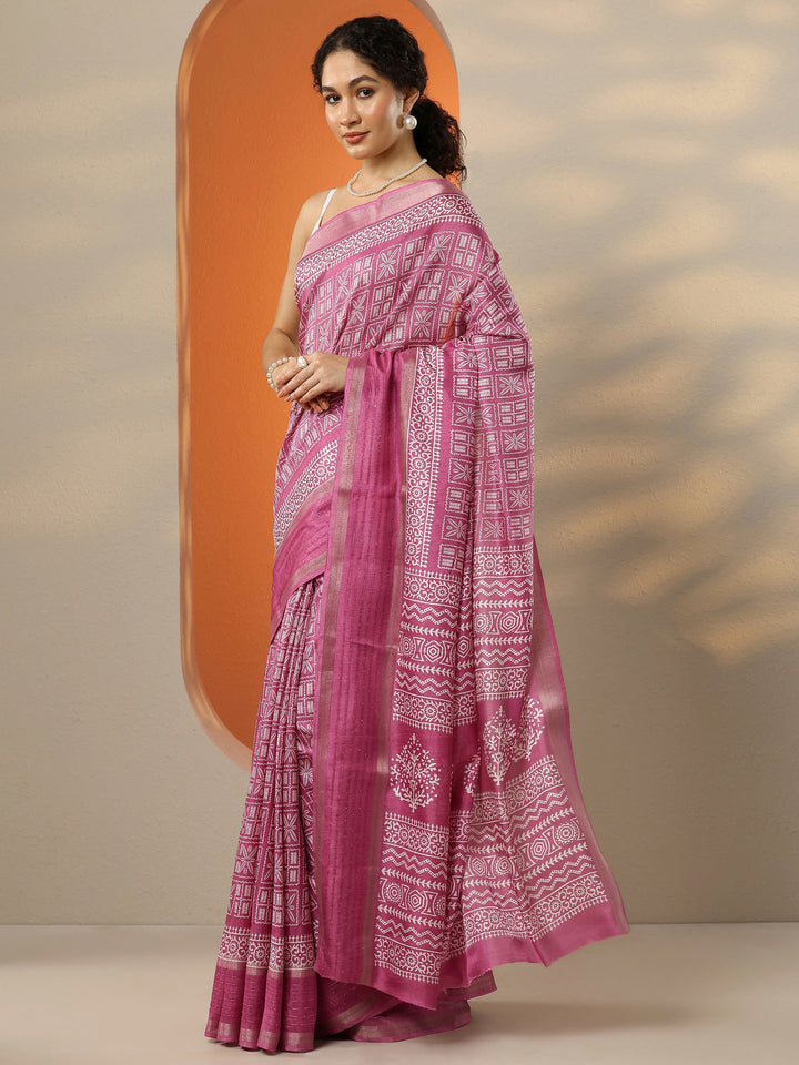 Pink Printed Silk Blend Saree With Unstitched Blouse Picece